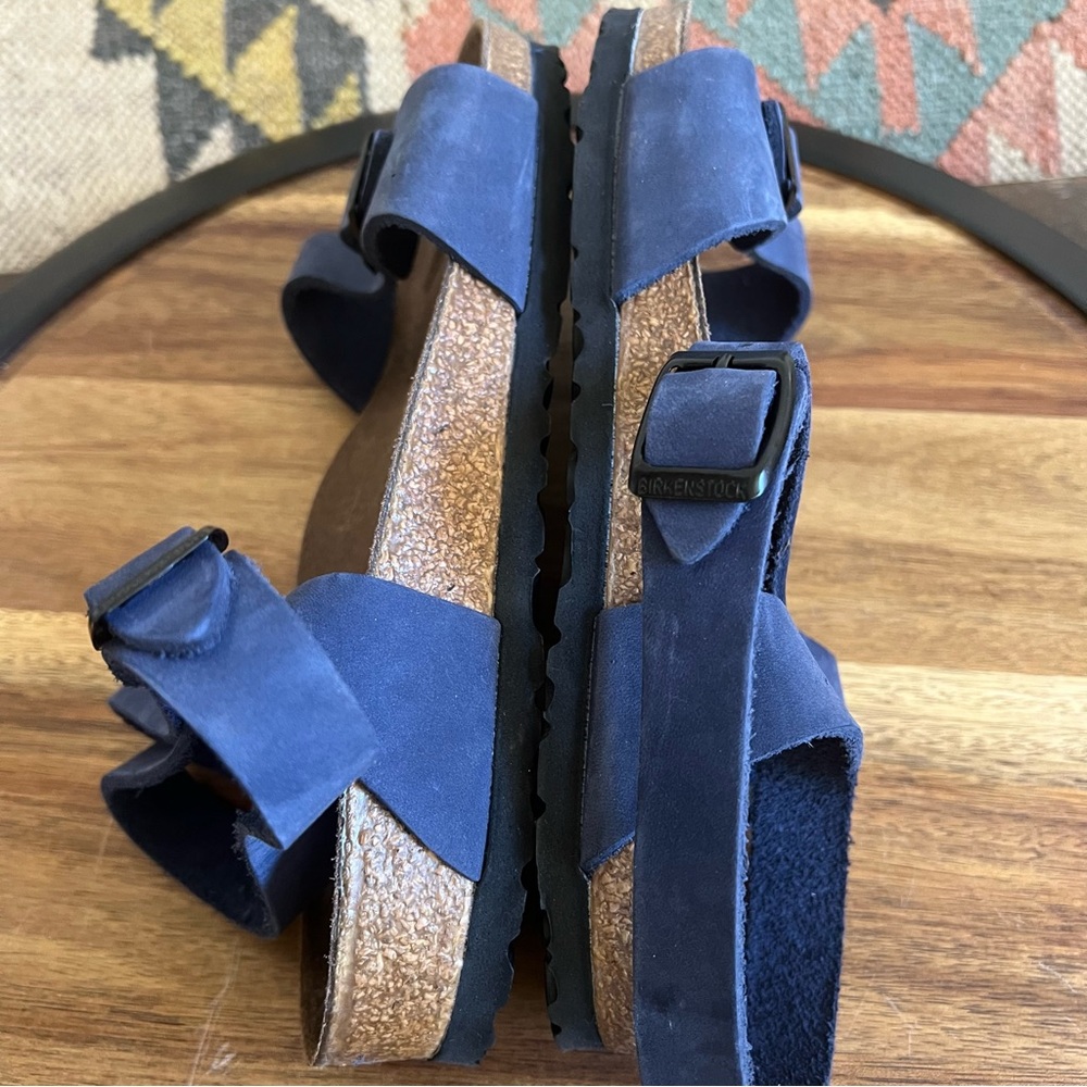 Birkenstock Unisex Blue Leather Double Ankle Strap Comfort Shoes 39 M6 L8 - Picture 7 of 8
